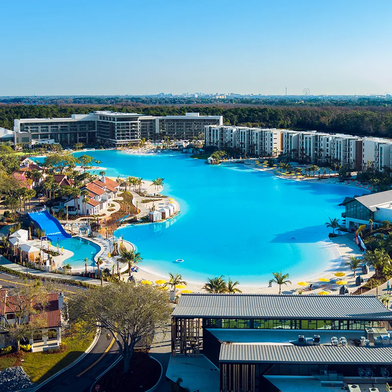 Aerial View of Evermore Orlando Resort Aerial image of Evermore Bay and the amenities at Evermore Orlando Resort.